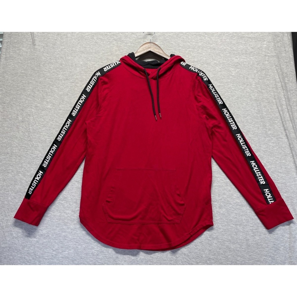 Hollister Hoodie Men's M Red Black Taping Along Sleeve Cotton Curved Hem Winter